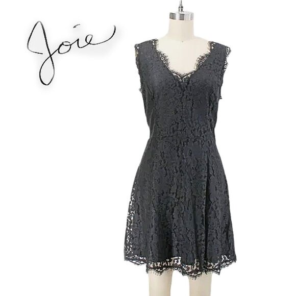 Joie Dresses & Skirts - Joie Nikolina Dress Black Lace Sleeveless V Neck Scalloped Eyelash Trim SZ M